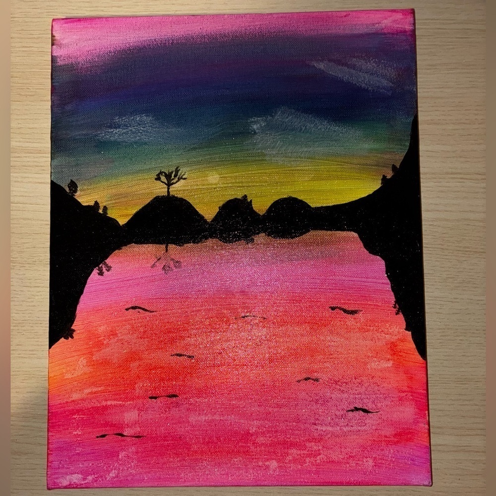 Neon Sparkle Beach Landscape 14” x 11” Hand Painted Canvas Pink